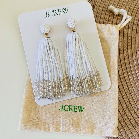 J.Crew White & Silver Beaded Tassel Statement Earrings Brand New! - Picture 3 of 5